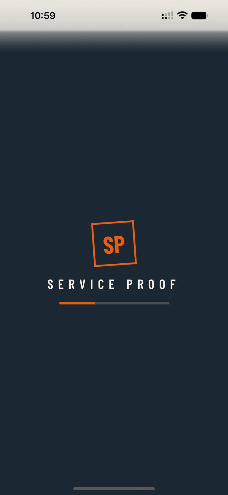 The ServiceProof startup screen on a phone.