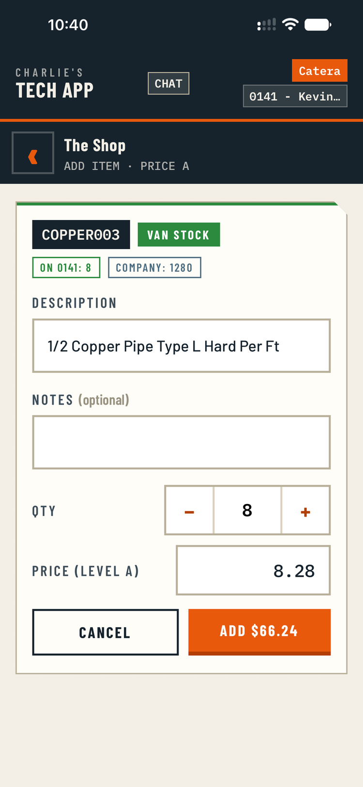 Adding an item to the invoice.