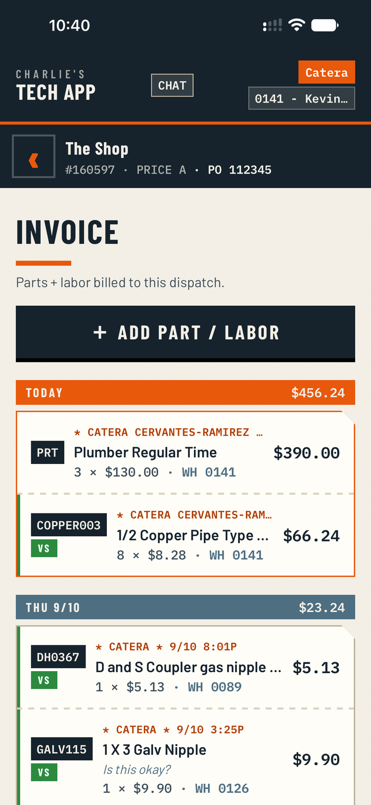 Parts and labor on one invoice, today's lines grouped above the previous visit's.