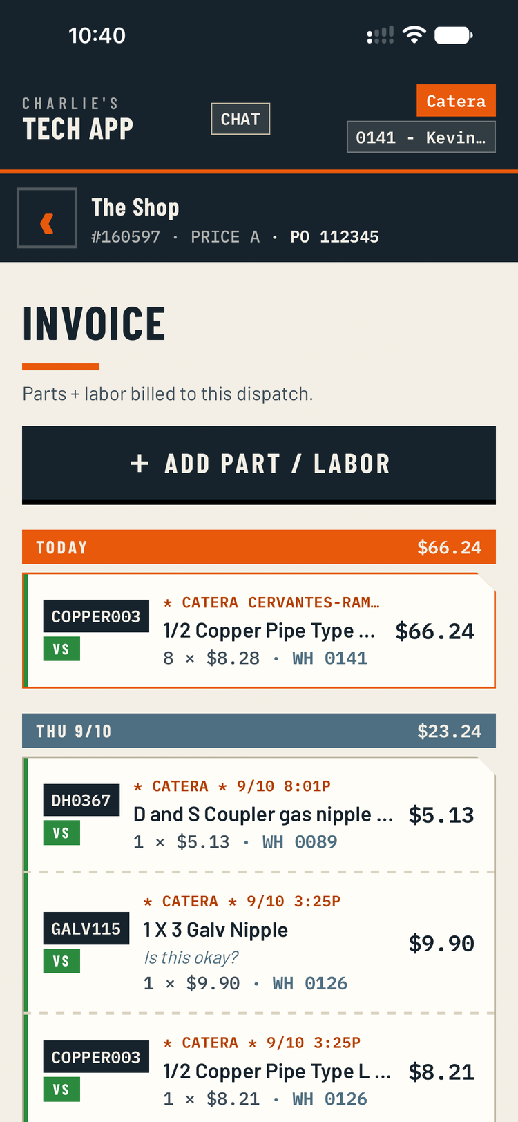 The invoice screen showing parts billed today with quantities, prices and warehouse.