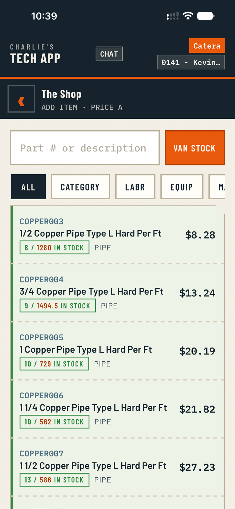 Truck stock showing on-hand quantities for the tech's van.