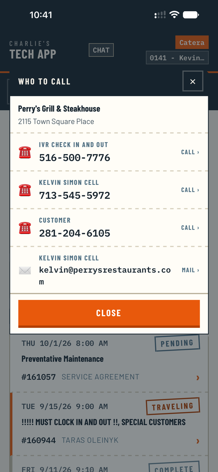 The contacts panel on a job showing named contacts with phone numbers.