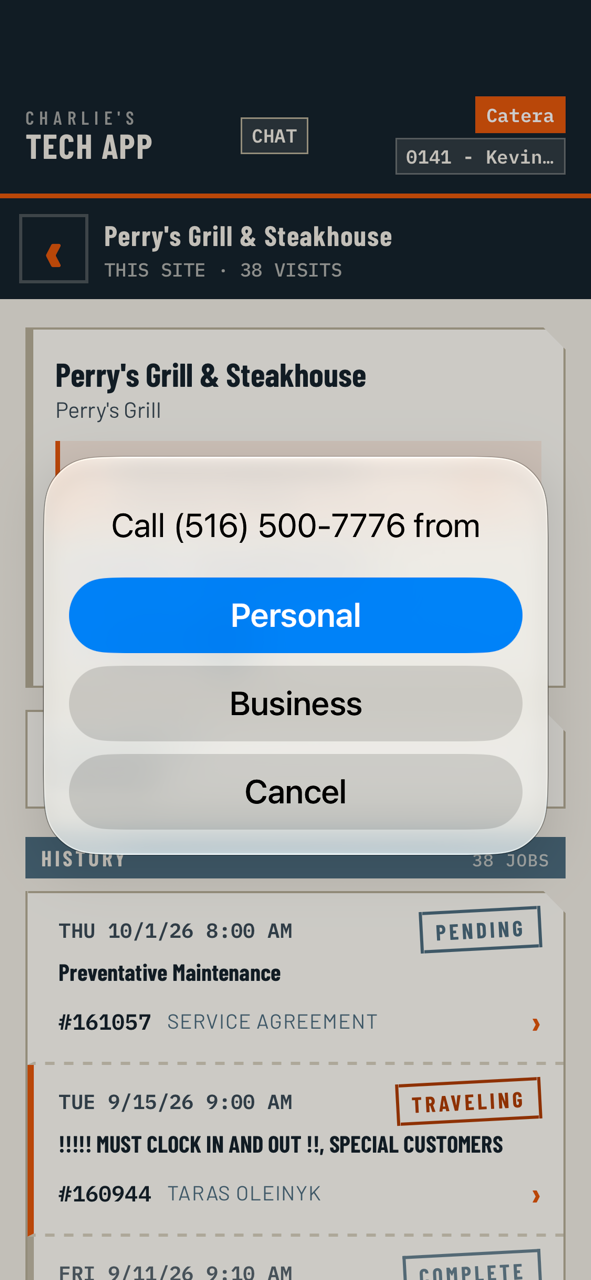 The phone's own call sheet offering to dial from the business line rather than the tech's personal number.