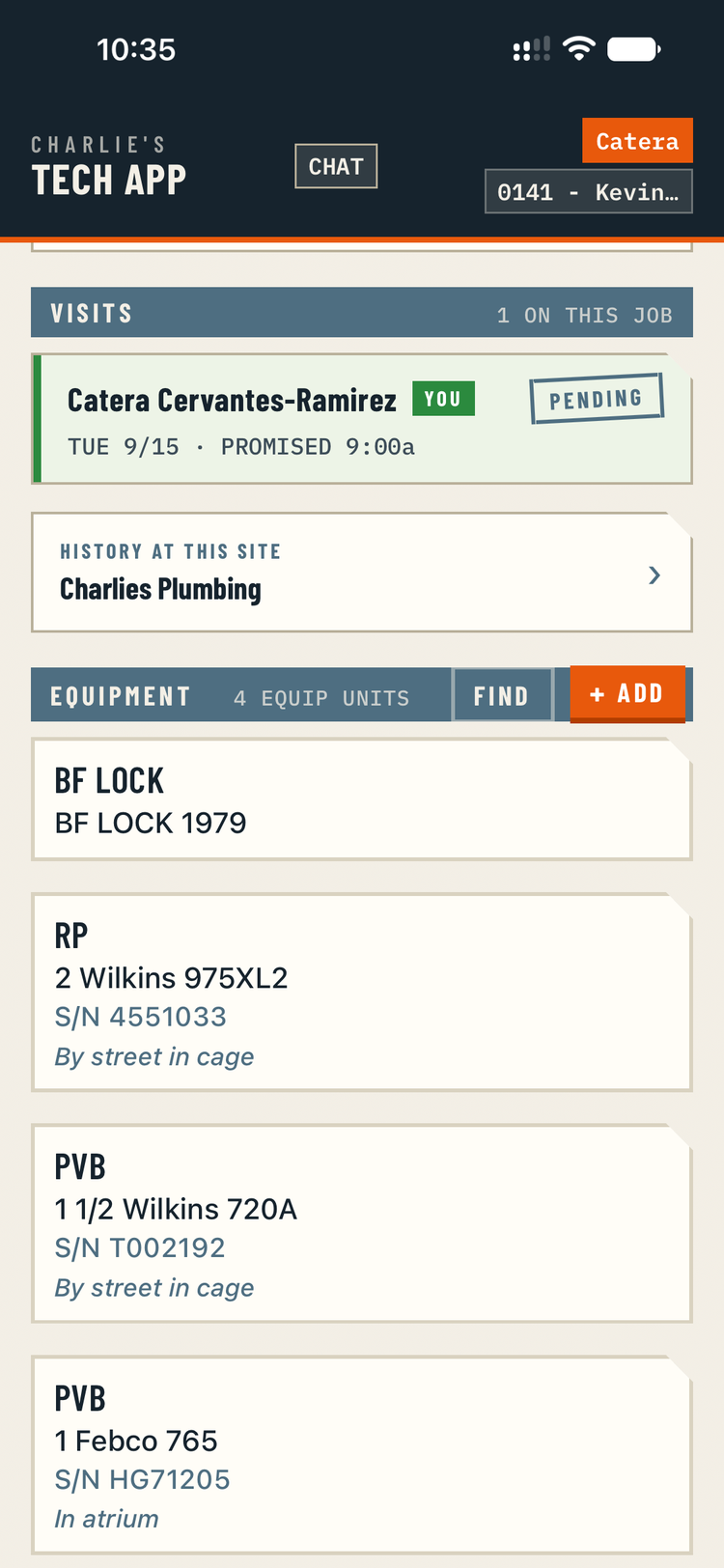 Equipment installed at the site, listed on the job screen.