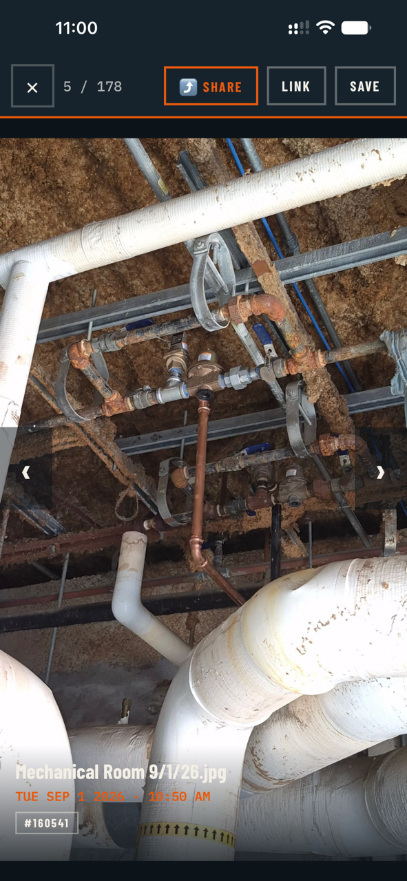 A full-screen photo of mechanical room piping, showing 5 of 178, with share, link and save buttons.