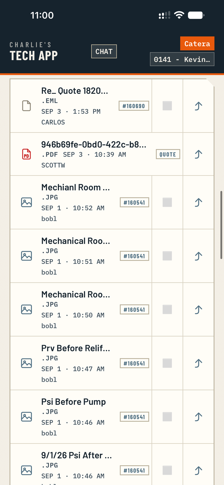 A file trail mixing photos, PDFs and emails, each row showing who added it, when, and the job number.