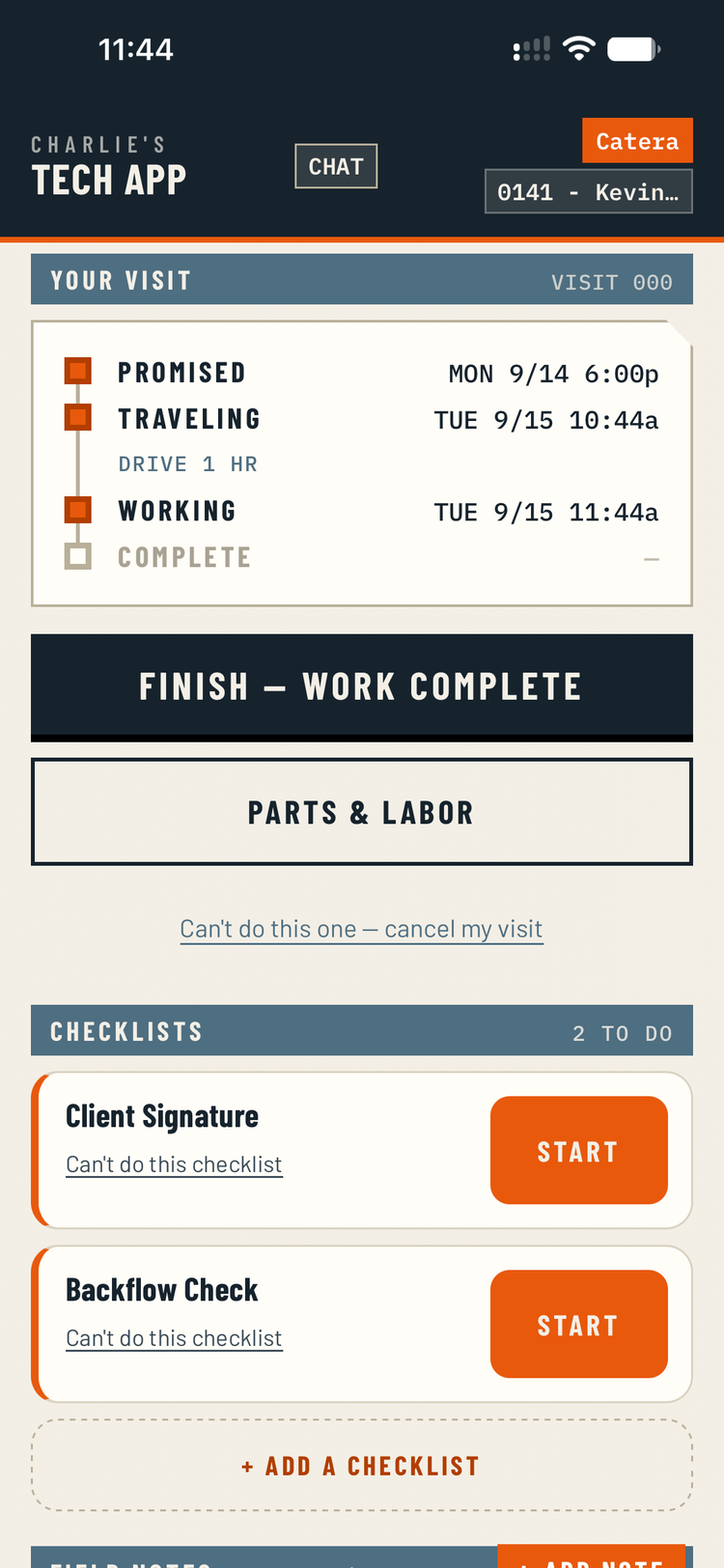 A job mid-work showing promised, traveling and working times with the drive duration between them.