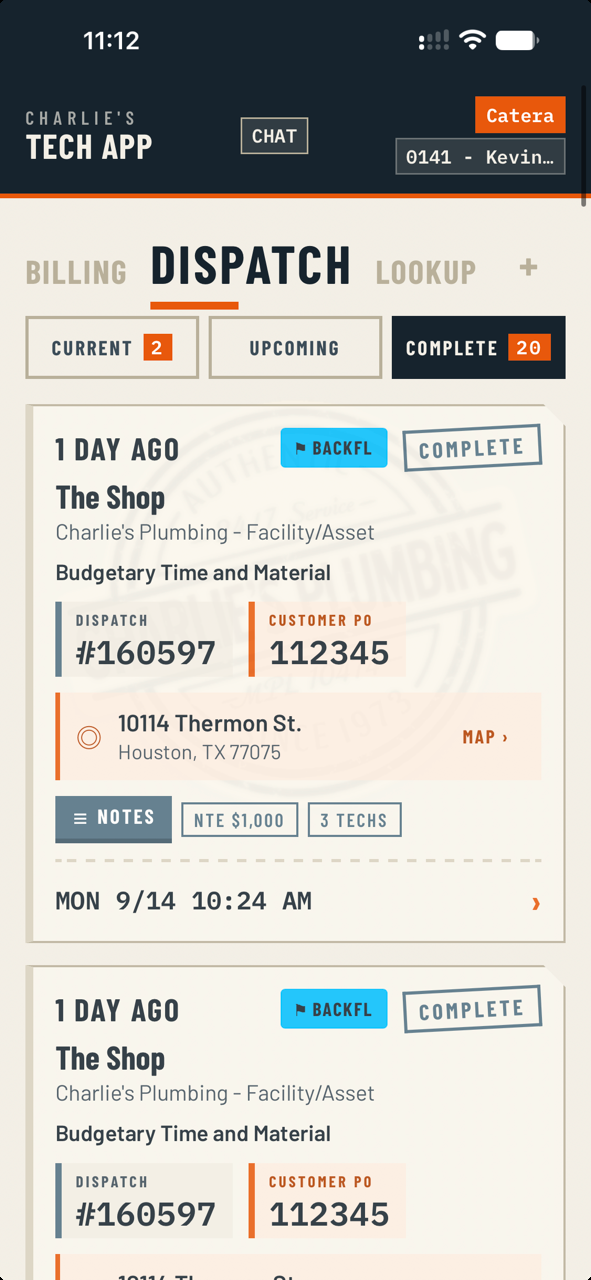 The three tabs with live counts on each, and a completed job card showing the dispatch number, customer PO and crew size.