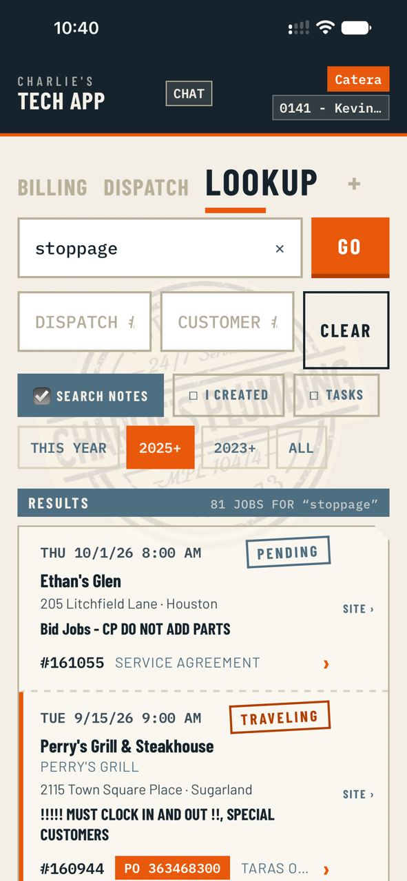 Search results listing matching jobs from ESC history.
