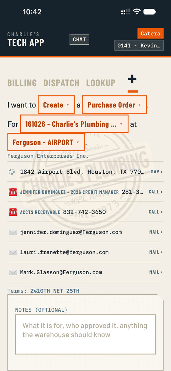A supply house branch picked, showing its address, the counter and credit contacts, and the account terms.