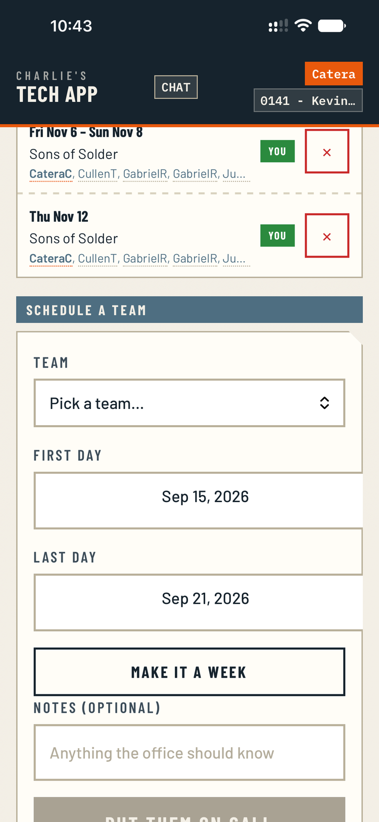 Scheduling a team on call: pick the team, set first and last day, add a note.