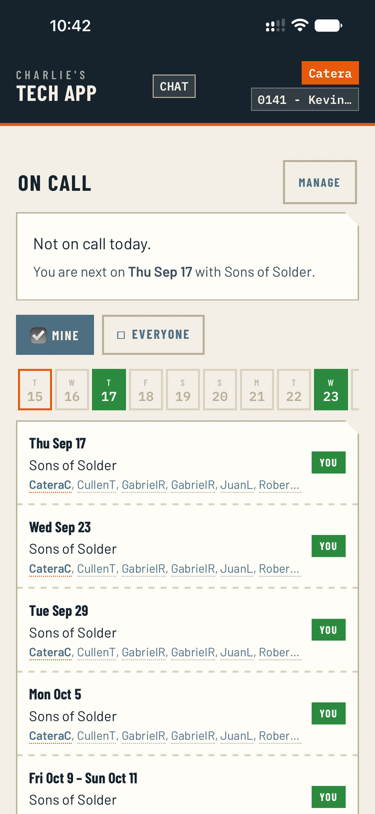 The on-call schedule showing who is on call and the days ahead.