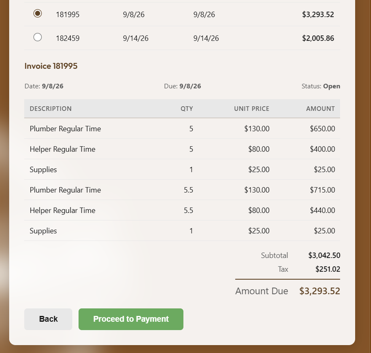 The real invoice line items shown on the payment page, with subtotal, tax and amount due.