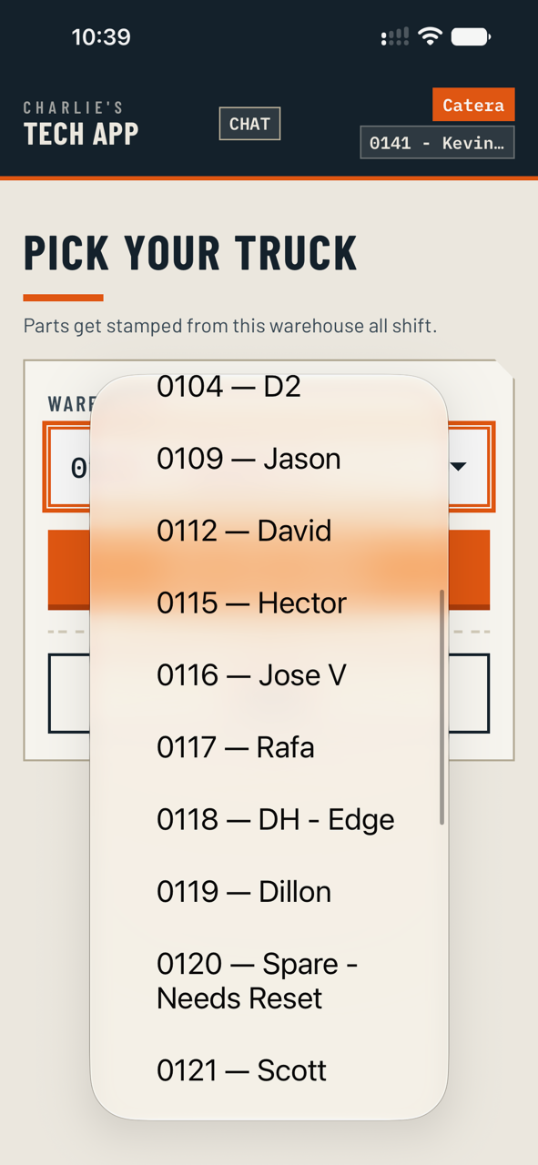Picking a truck or warehouse at sign-in.