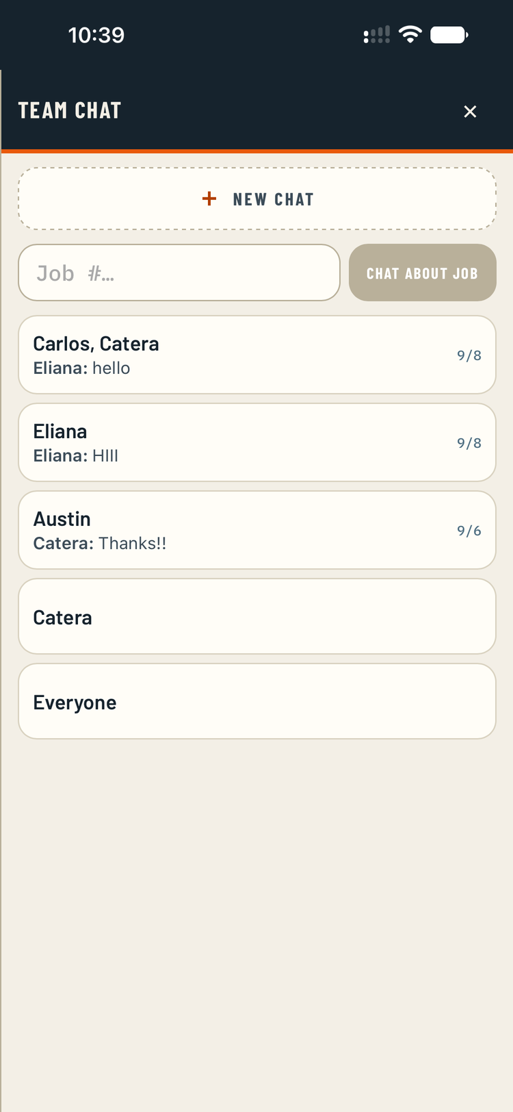 Team chat showing conversations and a Chat about job button.
